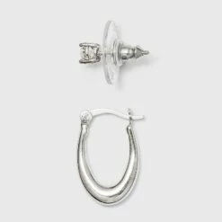 Discount ⌛ Sterling Silver Cubic Zirconia Oval Tapered Hoop Earring Set 2pc - A New Day™ Silver ⌛