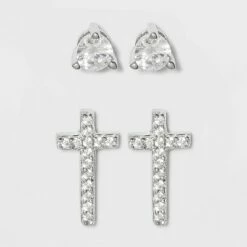 Discount 🌟 Sterling Silver Cubic Zirconia Round Stud and Cross Earring Set - A New Day™ Silver 👍 -A New Day Sales 2022 unnamed file 1121