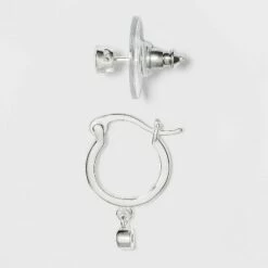 Outlet 🔔 Sterling Silver Cubic Zirconia Hoop Stud Earring Set 2pc - A New Day™ Silver 🔔