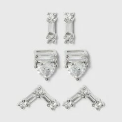 Deals 👍 Sterling Silver Cubic Zirconia Bar and Triangle Stud Earring Set - A New Day™ Silver ❤️ -A New Day Sales 2022 unnamed file 1131
