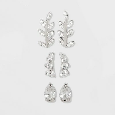 Budget โ๏ธ Sterling Silver Cubic Zirconia Leaf, Crawler and Teardrop Stud Earring Set 3pc - A New Day™ Silver ๐ 4 Budget โ๏ธ Sterling Silver Cubic Zirconia Leaf, Crawler and Teardrop Stud Earring Set 3pc - A New Day™ Silver ๐ - Image 2