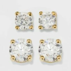Cheapest ⭐ Gold Over Sterling Silver Round Cubic Zirconia Stud Fine Jewelry Earring Set 2pc - A New Day™ Gold/Clear ❤️ -A New Day Sales 2022 unnamed file 1216