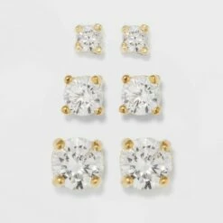Discount ❤️ Gold Over Sterling Silver Cubic Zirconia Stud Fine Jewelry Earring Set 3pc - A New Day™ Gold/Clear 👏 -A New Day Sales 2022 unnamed file 1236