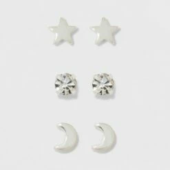 Outlet ✨ Pair of Star, Moon, and Cubic Zirconia Button Stud Earring Set 3pc - A New Day™ Silver 🌟 -A New Day Sales 2022 unnamed file 1246