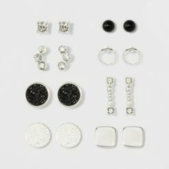 Best Pirce 🎁 One Clear Stone, One Open Circle, Two Flat Circles, One Pave Circle & Cluster of Two Stones Stud Earring Set 8pc - A New Day™ Silver 😀 -A New Day Sales 2022 unnamed file 1248