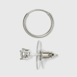 Budget 🔥 Women's Sterling Silver Crystal Fireball Stud Earrings and Endless Hoop Earring Set 3pc - A New Day™ Silver/Clear ✨