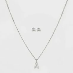 Top 10 🔔 Silver Plated Cubic Zirconia Initial Chain Pendant Necklace and Earring Set - A New Day™ 🎁