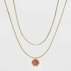 Cheapest 🧨 Silver Plated Layered Gold Necklace - A New Day™ Strawberry Quartz 🔥