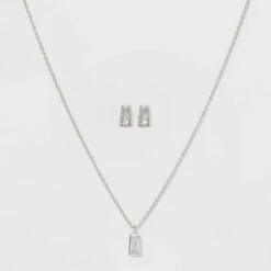 Outlet 😍 Sterling Silver Rectangle Cubic Zirconia Pendant Necklace Earring Set - A New Day™ Metallic Silver 👏 -A New Day Sales 2022 unnamed file 3097