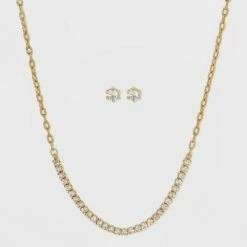Coupon 🧨 Silver Plated Gold Dipped Rhinestone Chain Necklace and Earring Set - A New Day™ Gold 🌟