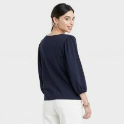 Coupon ✔️ Women's Puff 3/4 Sleeve V-Neck Front Ruched Top - A New Day™ 🔔