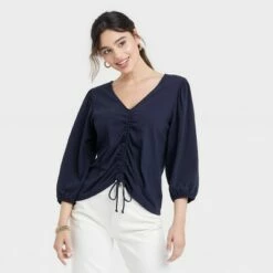 Coupon ✔️ Women's Puff 3/4 Sleeve V-Neck Front Ruched Top - A New Day™ 🔔 -A New Day Sales 2022 unnamed file 3762