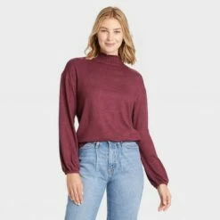 Best Sale ❤️ Women's Long Sleeve High Neck Smocked T-Shirt - A New Day™ 🔔 -A New Day Sales 2022 unnamed file 3901