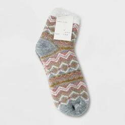 Buy 🔔 Women's Fair Isle Double Lined Cozy Ankle 🧦 Socks - A New Day™ Heather Gray/Pink/Gold 4-10 ⌛