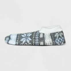 Promo 👍 Women's Fair Isle Double Lined Cozy Booties with Grippers - A New Day™ Heather Gray/Blue 4-10 😍