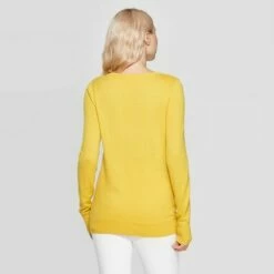 New 🎁 Women's Ribbed Cuff V-Neck Pullover Sweater - A New Day™ Gold XS 🎉