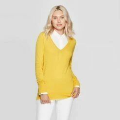 New 🎁 Women's Ribbed Cuff V-Neck Pullover Sweater - A New Day™ Gold XS 🎉 -A New Day Sales 2022 unnamed file 4401