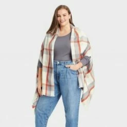 Cheapest 👏 Women's Plus Size Plaid Wrap Jacket - A New Day™ Cream One Size 😍 -A New Day Sales 2022 unnamed file 564