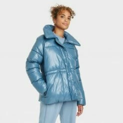 Discount ⌛ Women's Medium Length Wet Look Puffer Jacket - A New Day™ 🎁 -A New Day Sales 2022 unnamed file 581