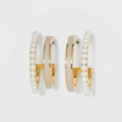 Discount ✔️ Faux Duo Enamel and Pearl Huggie Hoop Earrings - A New Day™ White ⭐ -A New Day Sales 2022 unnamed file 771