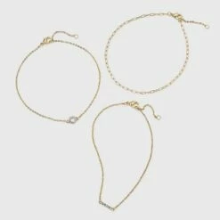 Promo 😀 Crystal and Chain Anklet Trio Set - A New Day™ Gold 🔔