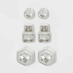 Best Sale 😀 Sterling Silver Cubic Zirconia Multi Shape Stud Earring Set 3pc - A New Day™ Metallic Silver 👏
