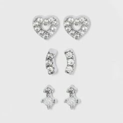 Best reviews of ๐ Sterling Silver Cubic Zirconia Heart and Stacked Stud Earring Set - A New Day™ Silver โค๏ธ
