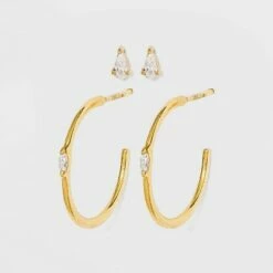 Flash Sale 🌟 Sterling Silver Hoop and Cubic Zirconia Duo Stud Earring Set - A New Day™ Gold 🧨 -A New Day Sales 2022 unnamed file 994