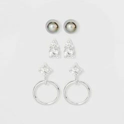 Budget ❤️ Sterling Silver with Cubic Zirconia Glass Pearl Stud Earring Set 3pc - A New Day™ Silver ⌛ -A New Day Sales 2022 unnamed file 996
